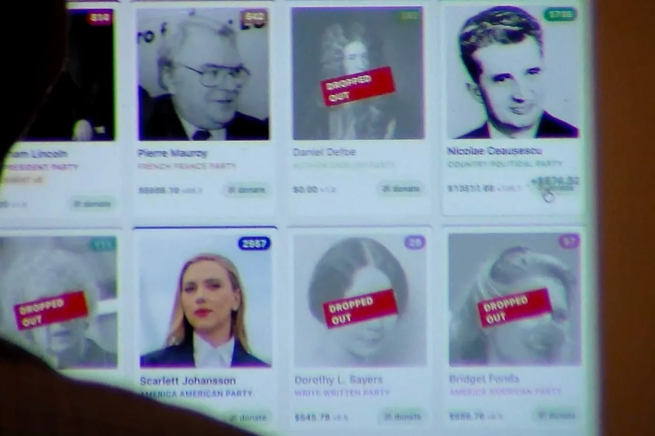 A projected grid of portraits and search results.